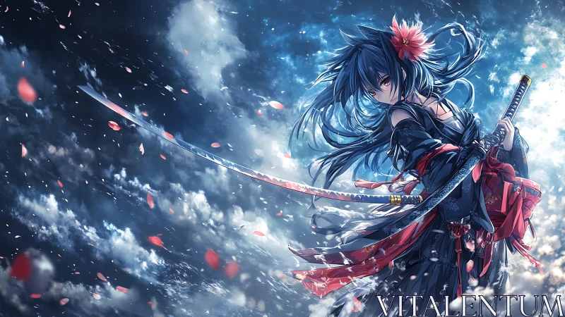 Sword-wielding anime warrior stands in storm of petals