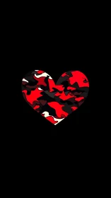 Red and Black Camouflage Heart with Geometric Decomposition on Dark Background
