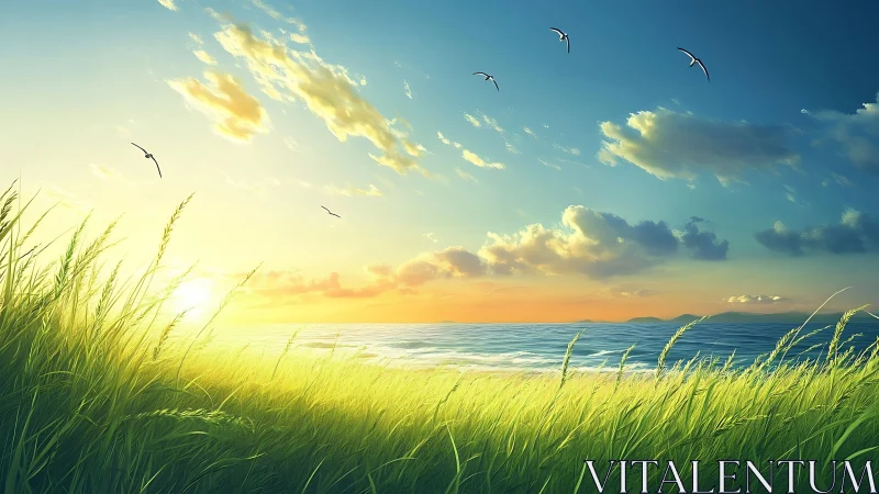 Coastal grassland is illuminated by low-angle sunlight over sea