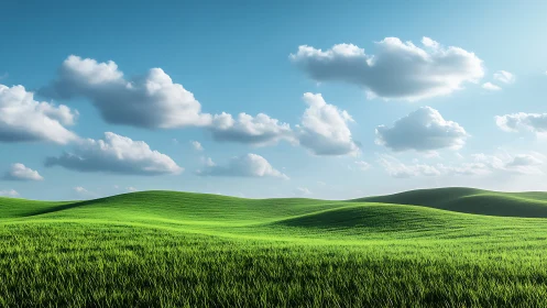 Photorealistic grassy hills undulate beneath soft cumulus clouds