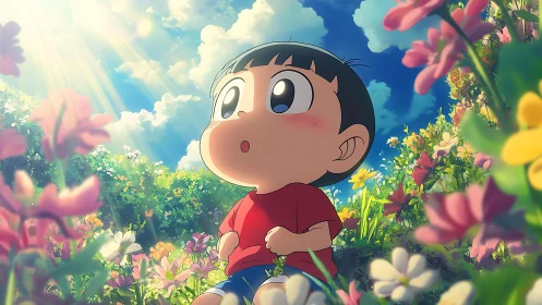 Small child gazes at glowing sky in a dreamy flower meadow