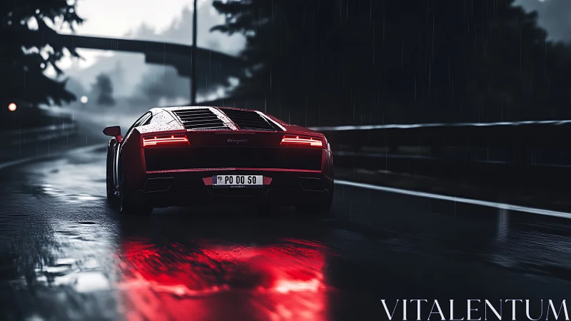 Red sports car gliding through a rainy night highway drive.