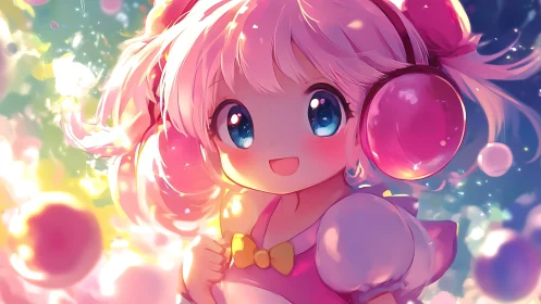 Pink-haired anime girl with glowing bubble headphones portrait.