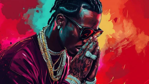 Vibrant hip-hop portrait with neon gradients and jewelry detail.