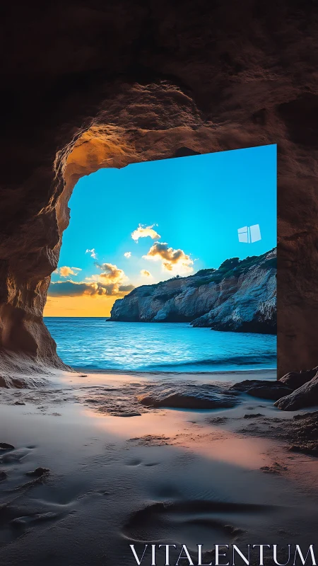 Coastal seascape framed by cave opening with window motif.