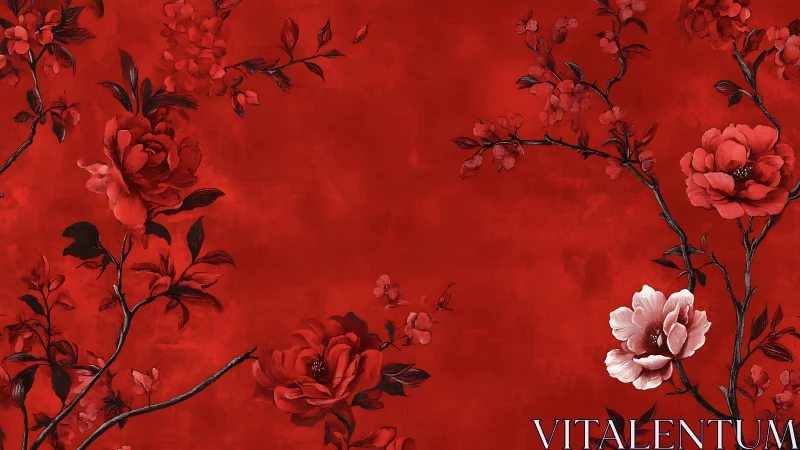 Red floral branches with peony blossoms on textured backdrop
