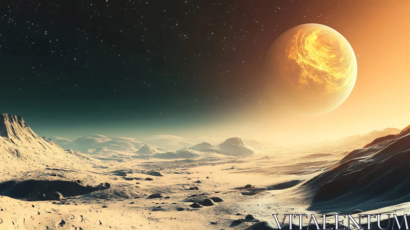 Golden alien sunrise over a quiet frozen desert world.