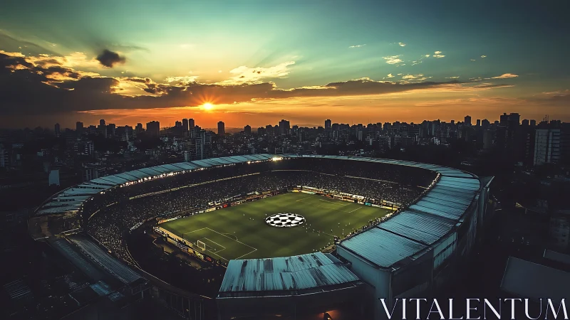 Panoramic sunset aerial of illuminated urban football stadium