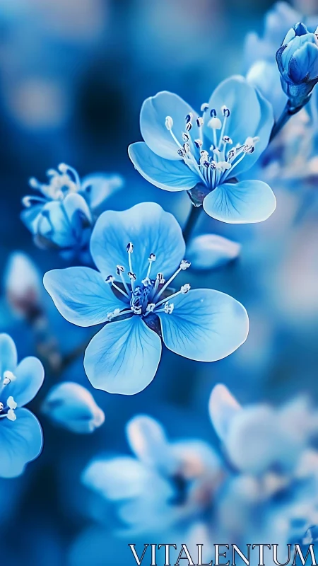 Delicate pentameric flowers exhibit pale blue petals with prominent staminal structures