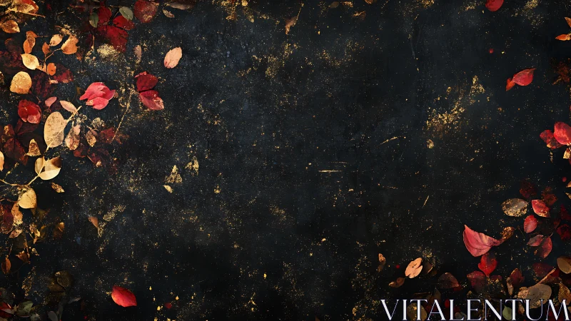 Dark autumn background with scattered red and gold leaves.