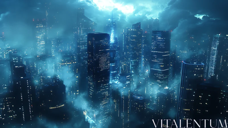 Futuristic skyscraper cityscape in dense blue night fog.