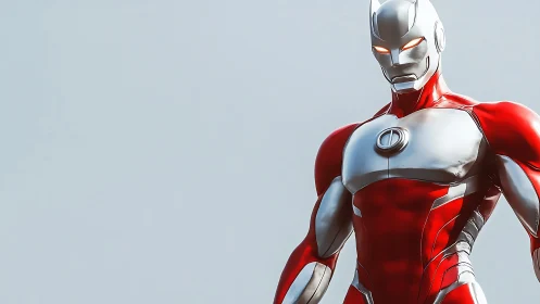 Stoic red chrome superhero rendered in glossy detail.