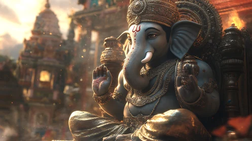 Ganesha idol rendered in radiant temple sunset light.