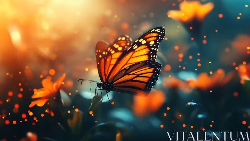 Monarch butterfly rests on orange flowers in glowing light