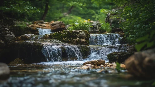 Tranquil forest stream cascading over mossy rocks, nature photo.