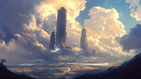 Towering stone monoliths rise through sunlit storm clouds