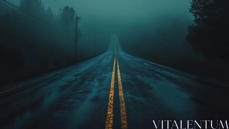 Wet two-lane highway receding into dense blue-green fog.