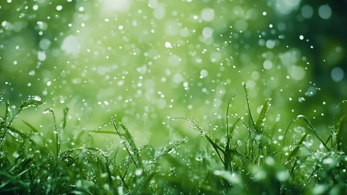 Raindrop ballet over emerald grass in shimmering morning light.