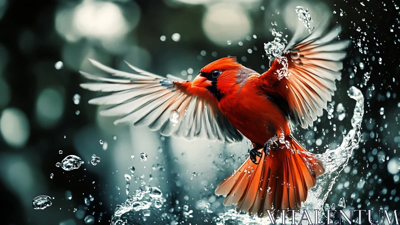 Vibrant cardinal in flight splashing water, dramatic nature photo.