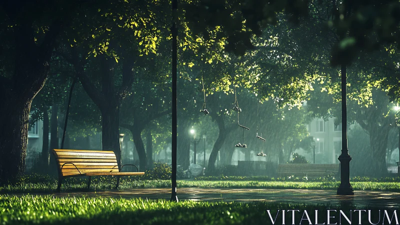 Empty park benches and hanging shoes in rainy green alley.