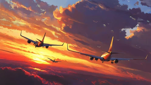Commercial airliners descend through dramatic sunset cumulonimbus