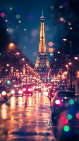 Eiffel Tower at night above wet Paris street traffic.