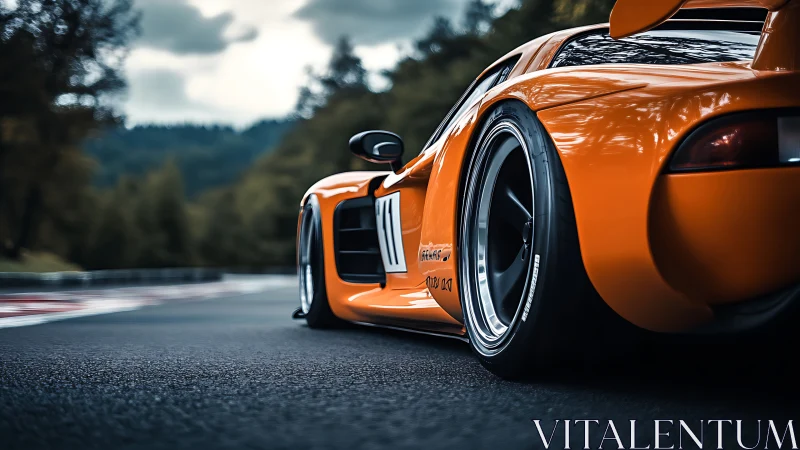 Low-angle track capture of aerodynamic orange race coupe.