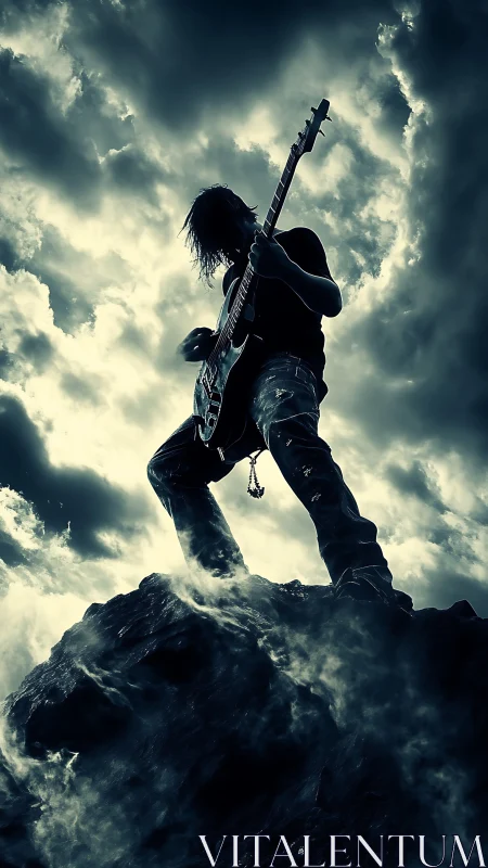 Backlit rock guitarist silhouetted on stormy volcanic summit.