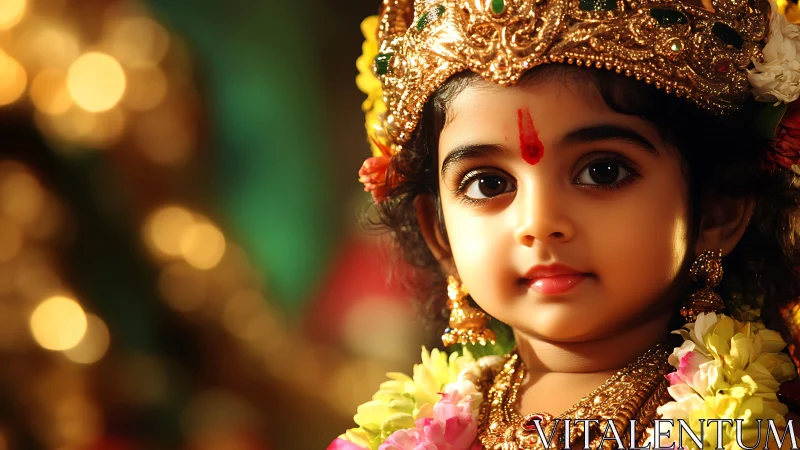 Divine child portrait in ornate gold temple lighting.