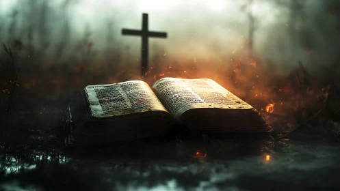 Sacred open Bible glows before silhouetted cross at dusk.