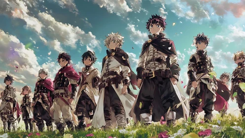 Brave young heroes stand united under a bright, hopeful sky