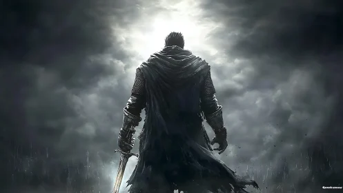 Lone cloaked swordsman advances toward luminous storm horizon