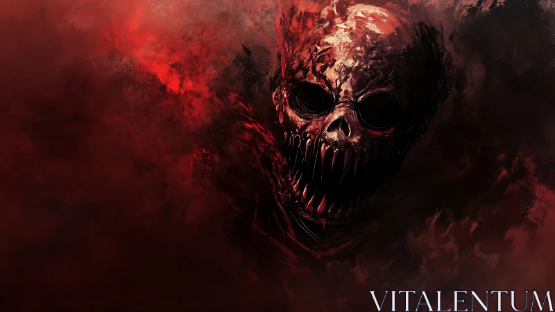 Skull-like creature face in dark red abstract mist field.