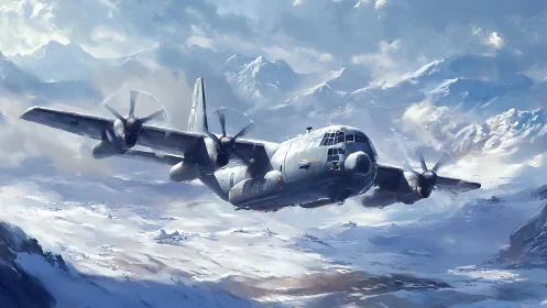 Military cargo aircraft flying low over snowy mountains.