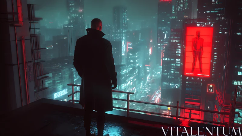 Lone figure studies neon-soaked cyberpunk city from rooftop