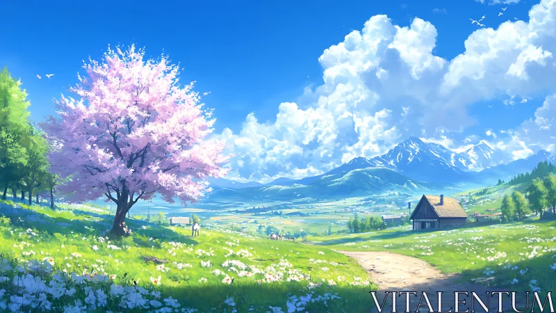 Spring valley landscape under bright alpine skies.