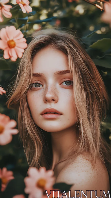 Freckled portrait in shallow-depth floral bokeh field.