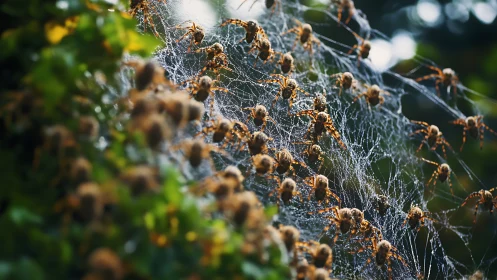 Spider colony clustered on dense communal web in foliage.