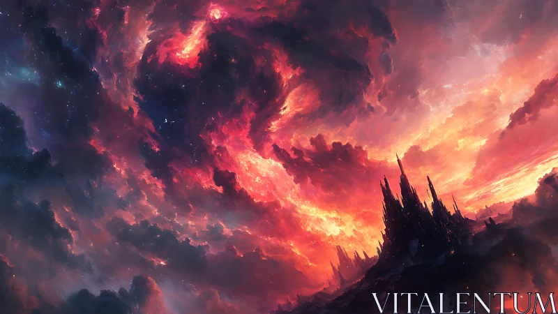 Digital sky landscape shows swirling nebula over dark spires