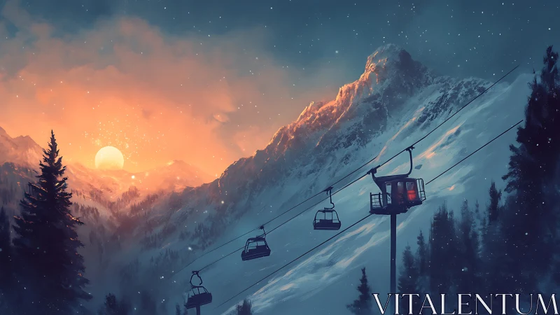Cable lift crosses snowy mountain slope at sunset