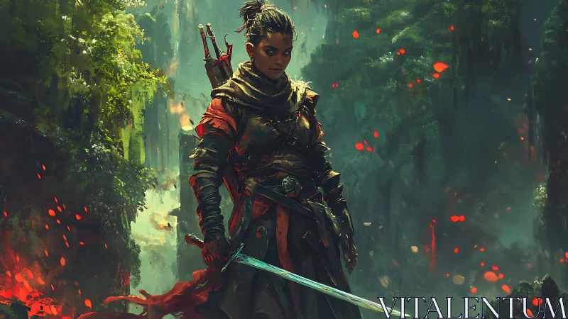 Armored ranger with sword in dense, glowing forest ravine.