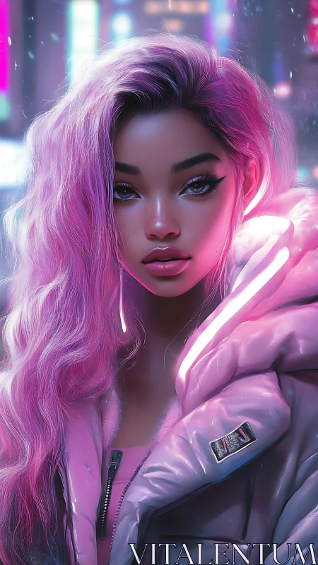 Neon-haired nightwalker wrapped in electric cotton candy glow.