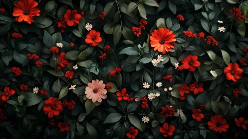 Dense garden bed with red gerberas and white daisies among dark green foliage