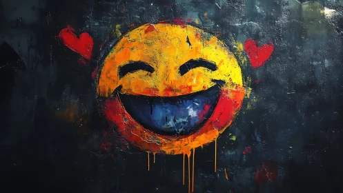 Textured neon smiley graffiti with expressive paint drips.