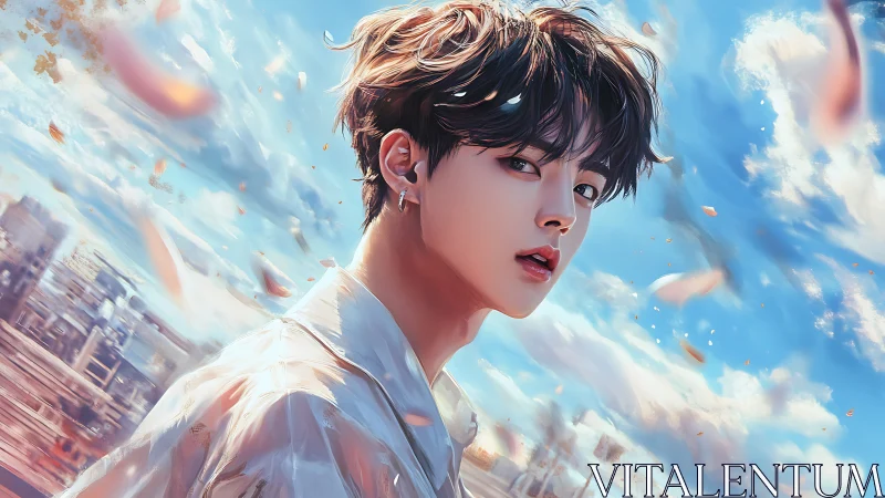 Stylized young man against bright windy city sky scene.