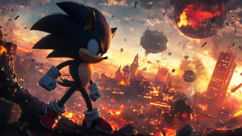 Supersonic hedgehog amid orbital bombardment skyline inferno.