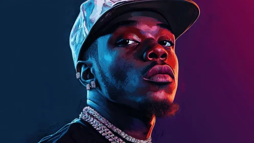 Bold neon portrait of confident man in cap and chains.