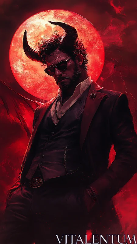 Devil-horned man in suit before red full moon.