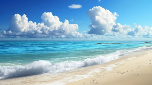Coastal shoreline with breaking waves under cumulus clouds.