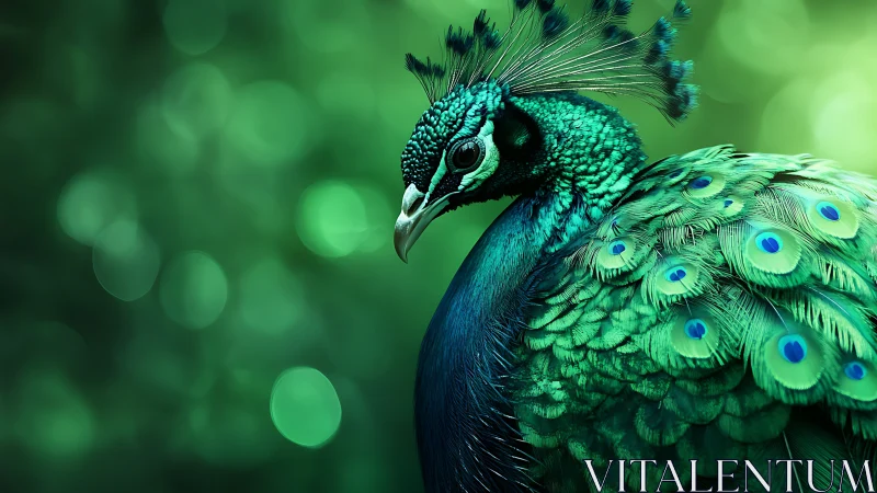 Iridescent peafowl profile with bokeh-isolated plumage study.